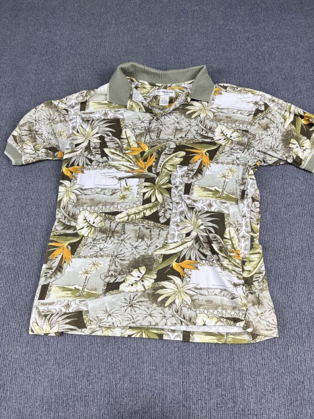 Hibiscus Hawaii Mens Green Tropical Floral Print Short Sleeve Polo Shirt M